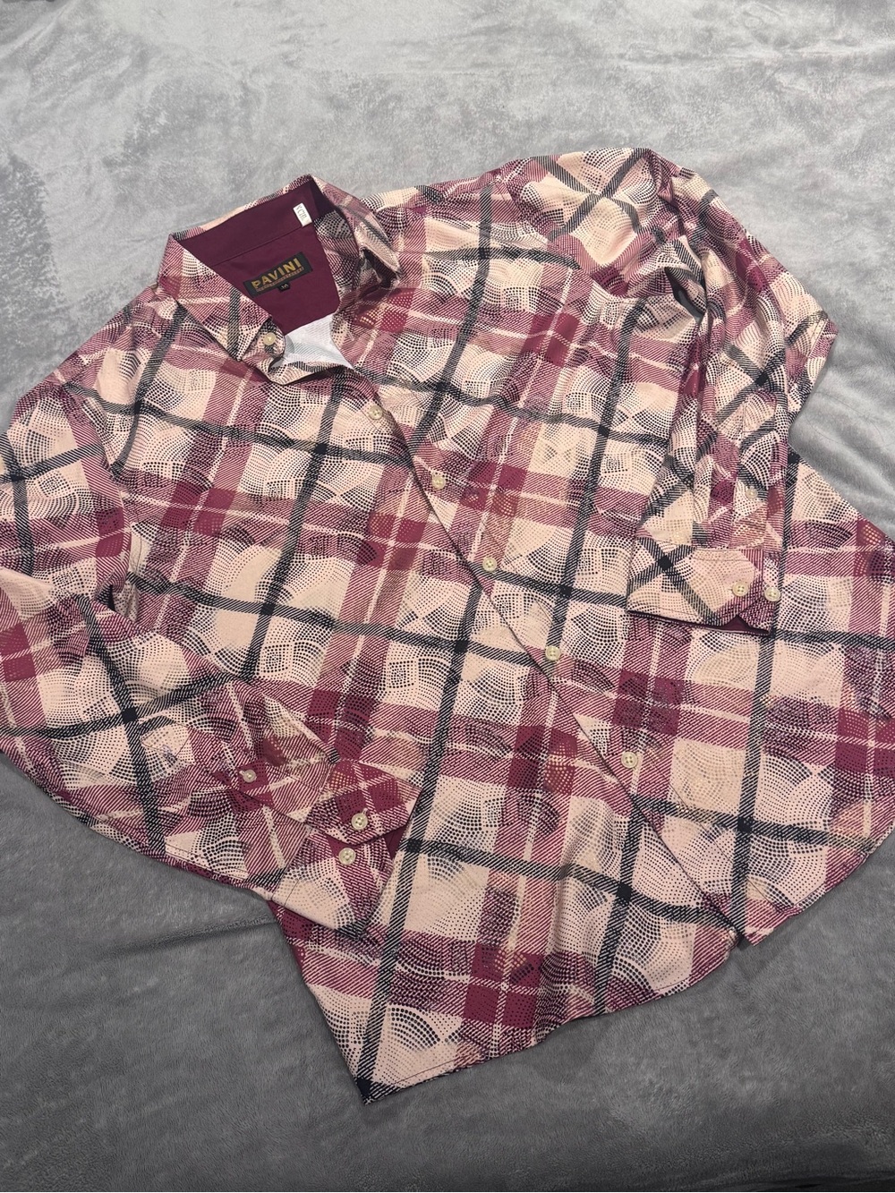 PAVINI Men's Burgundy Plaid Button-Up Shirt -Size M